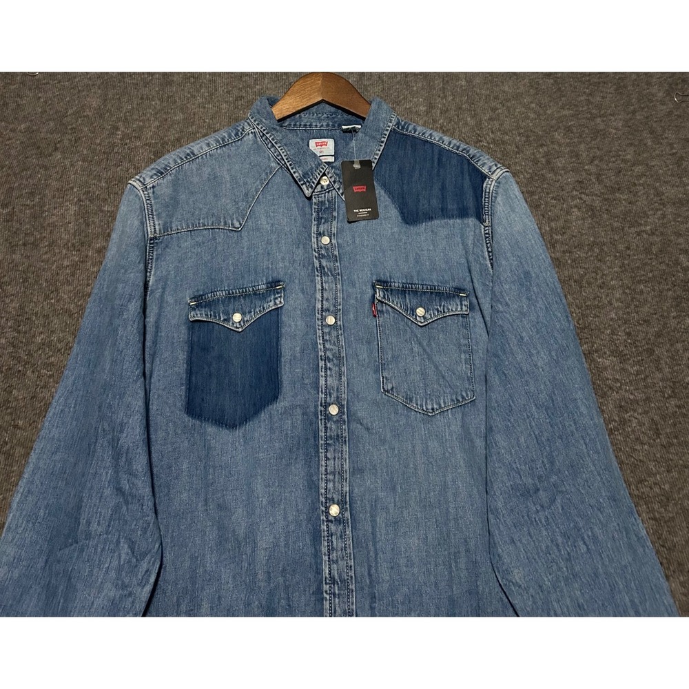 Levis standard pearl snap denim shirt western cowboy mens 2XL distressed new